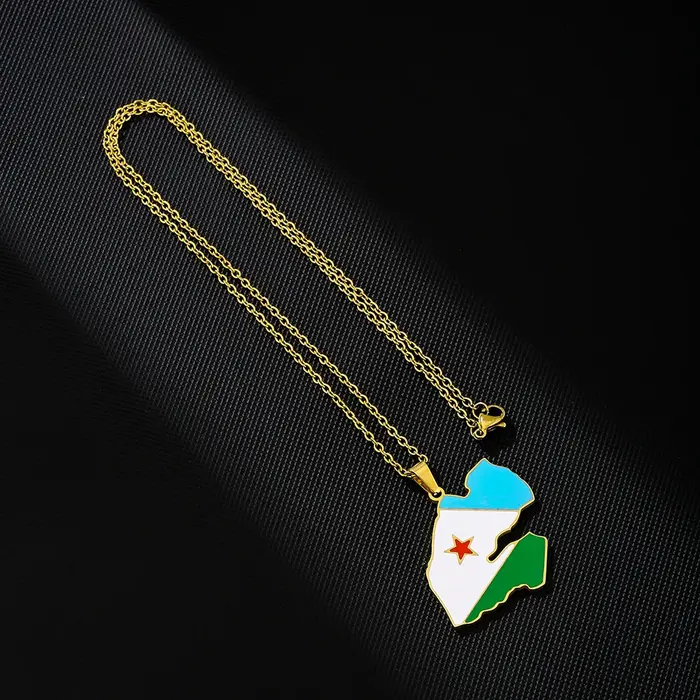 Nouveau Collier Carte de Djibouti en Acier Inoxydable Émaillé