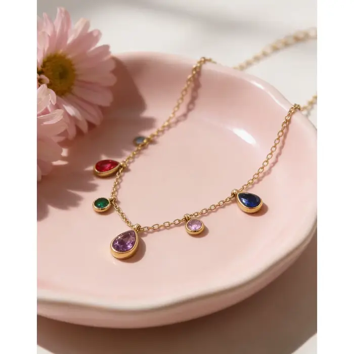 YACHAN Collier en acier inoxydable avec pendentif en cristal de zircon coloré pour femmes