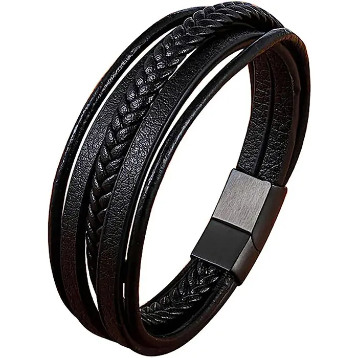 Bracelet symétrique noir à cinq couches en cuir pour homme avec charme en alliage de zinc pour occasions spéciales et style élégant