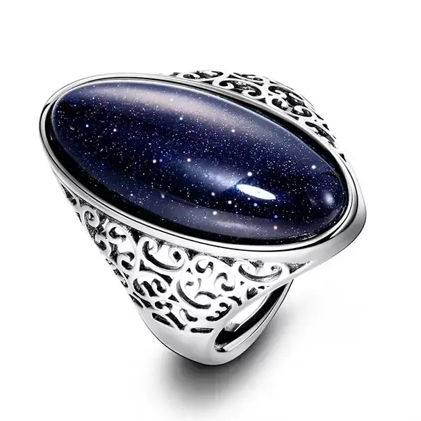 Bague rétro en argent, bijoux Vintage en pierre de grès bleue