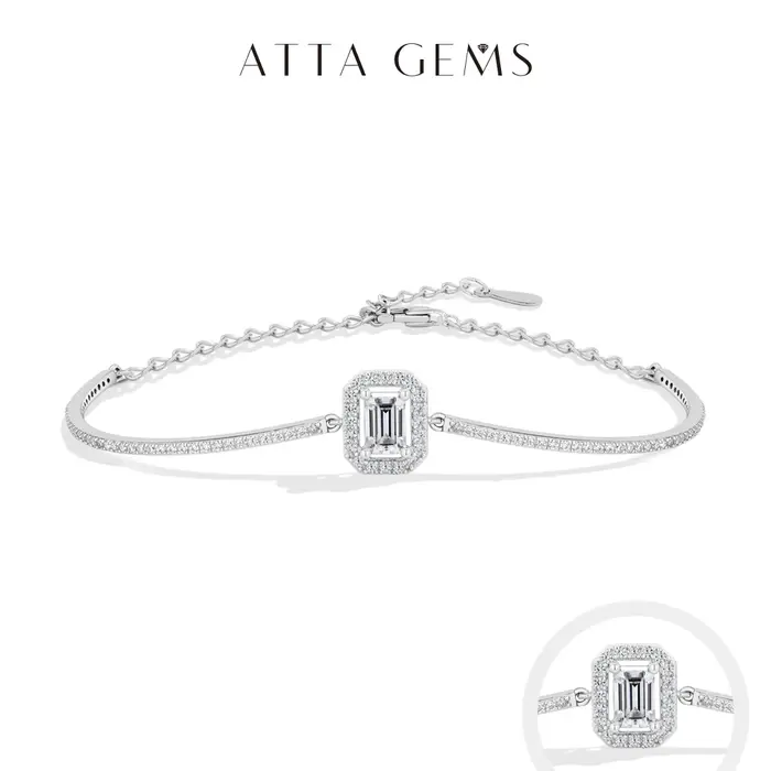 Bracelet de Luxe en Moissanite Taille Émeraude Argent Sterling 925 Bracelet Ajustable Bijou de Mariage et de Fiançailles pour Femmes Occasions Spéciales