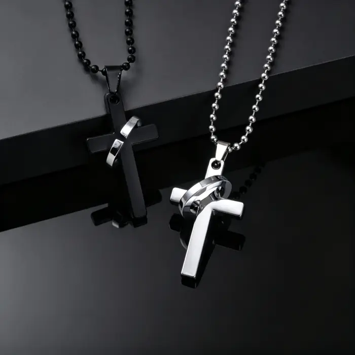 Collier croix en acier inoxydable avec pendentif anneau rond, chaîne de perles, bijou hip-hop punk pour hommes, cadeau occasion spéciale