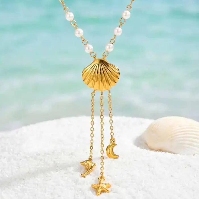 Collier Bohème Y Style Océan en Acier Inoxydable Plaqué Or 18 Carats avec Motifs Marins pour Femmes Occasions Spéciales