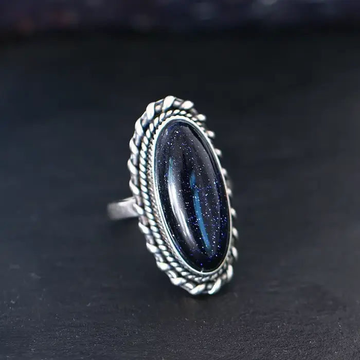 Bague rétro en argent, bijoux Vintage en pierre de grès bleue