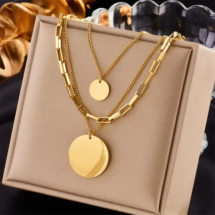 DIEYURO 316L acier inoxydable couleur or 3in1 pendentif rond collier pour femmes mode filles multicouche chaîne cou bijoux cadeau