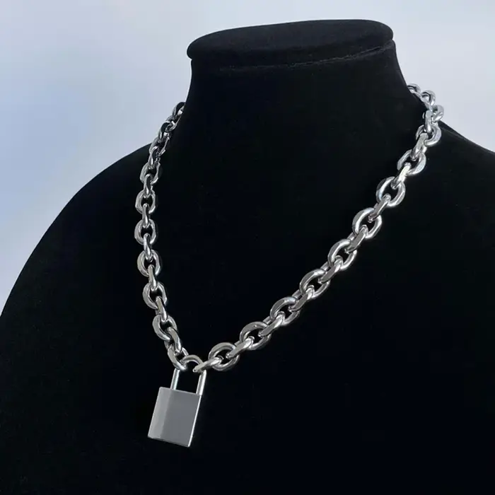 Punk solide chaîne en acier inoxydable surdimensionné cadenas collier femmes hommes unisexe gros lou