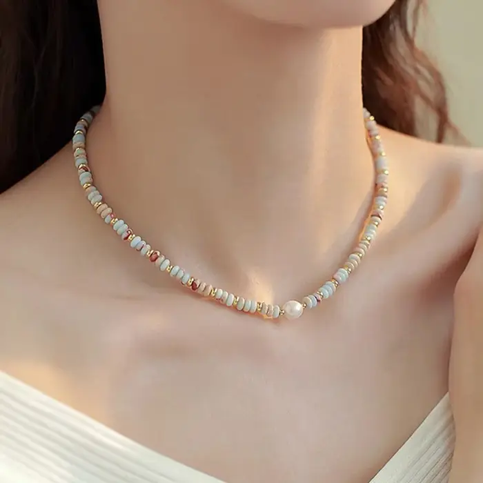 Minar rétro coloré pierre naturelle cristal perle d'eau douce brin collier de perles pour les femmes 14K véritable plaqué or cuivre Sautoirs
