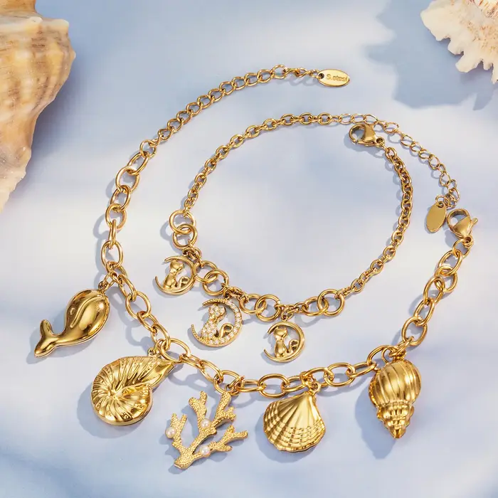 Parure de bijoux tendance Ocean Charm en acier inoxydable 316L plaqué or 18 carats avec zircon coquillage dauphin corail style plage pour femmes occasions spéciales