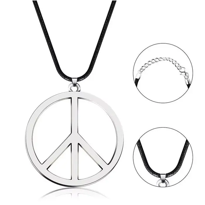 Lot de 1 ou 2 colliers avec pendentif signe de paix d'amour de style hippie des années 1960 et 1970, accessoires de fête hippie avec chaîne en cuir ou en acier