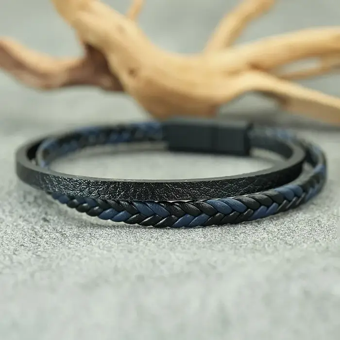 Bracelet en cuir double couche homme fermoir magnétique tressé cadeau anniversaire fête style moderne occasions spéciales