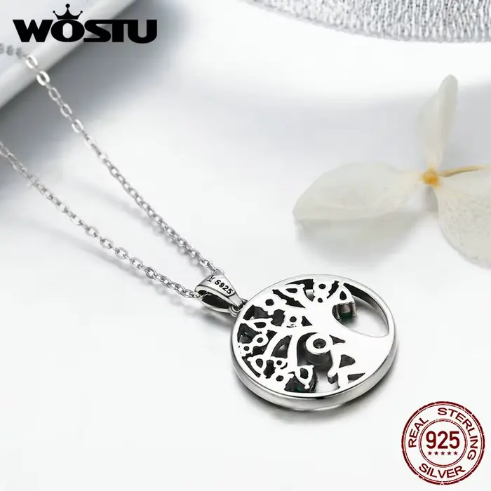 WOSTU Collier Arbre de Vie en argent sterling 925 véritable, pendentif rond en zircone cubique verte, bijoux Arbre de Famille, cadeau pour elle