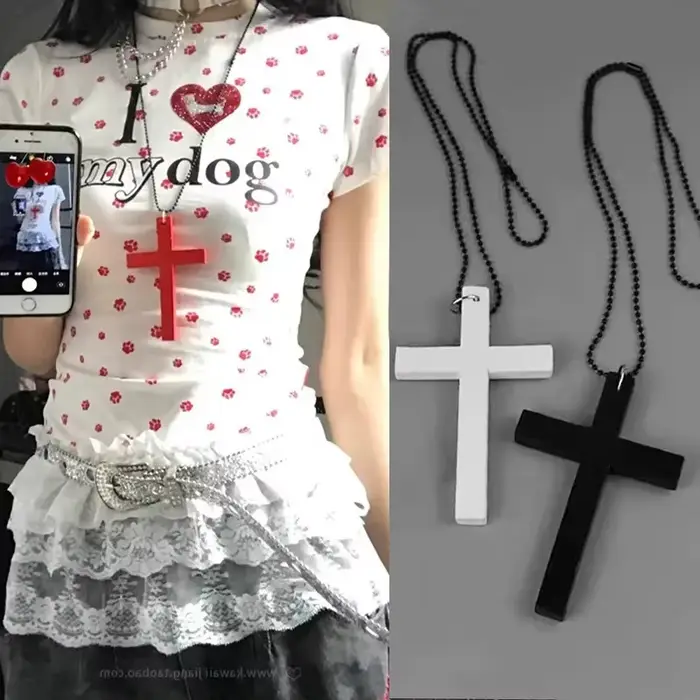 Collier avec pendentif croix en bois gothique Punk pour femmes et hommes, Vintage, noir et blanc, Hip Hop, accessoires épicés pour filles, collier Y2k, nouvelle collection