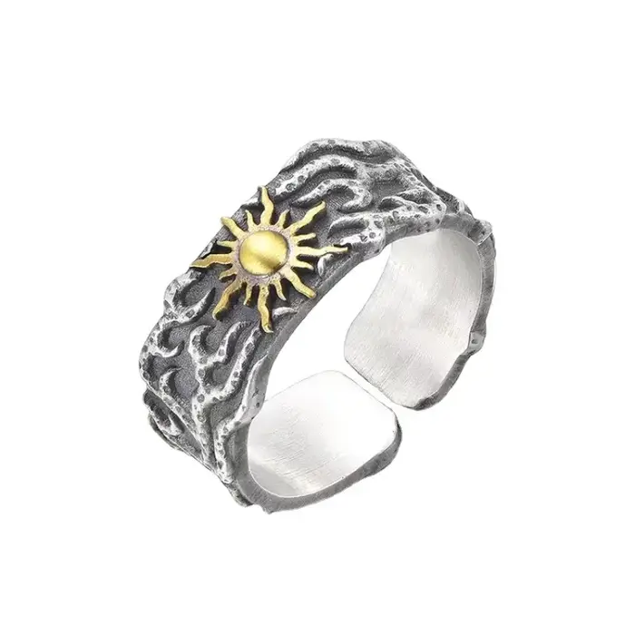 Bague de soleil dorée rétro pour hommes, couleur argent, Punk gothique, tendance, ouverte, bijoux de styliste faits à la main, accessoires unisexes, cadeau pour amoureux