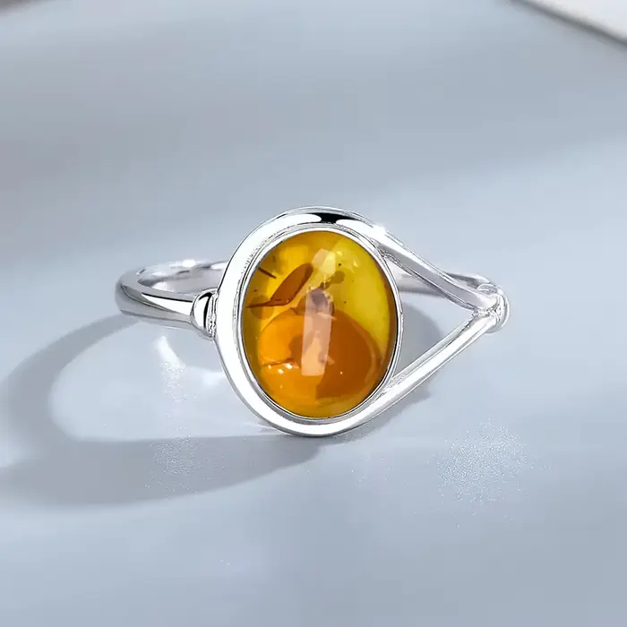 Bague en Argent Sterling 925 Sertie de Fleurs d'Ambre Naturel Pour Occasions Spéciales Unisexe
