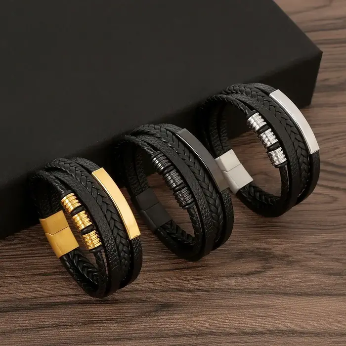 Bracelet en cuir multicouche tissé à la main pour hommes