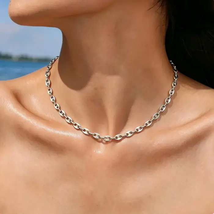 Collier chaîne en acier inoxydable style hip-hop motif grain de café, résistant à la décoloration, d