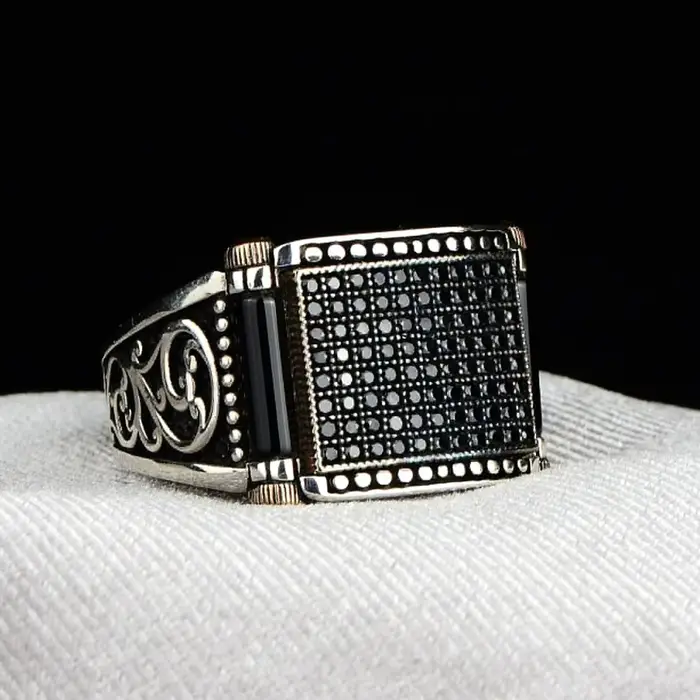 Bague rétro en pierre de marcassite noire de haute qualité pour hommes et femmes