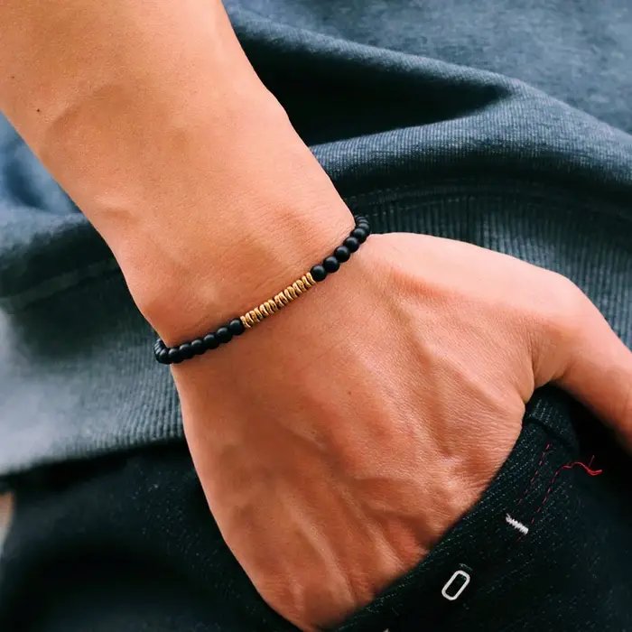 Bracelet pour homme en pierre naturelle antique doré perles rondes 19.5cm cadeau anniversaire fête entreprise