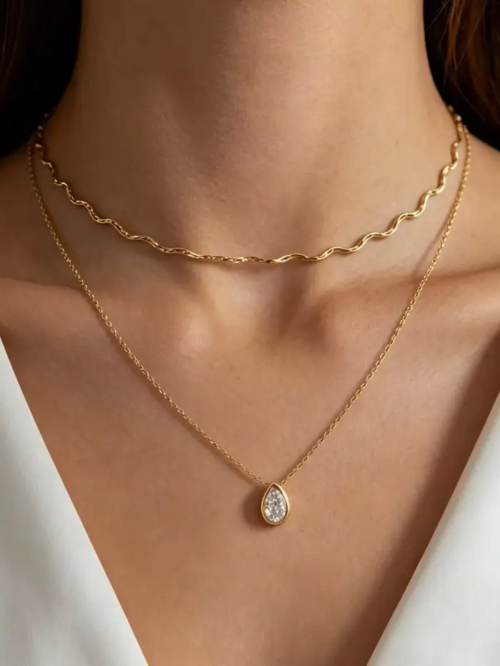 Collier double couche goutte d'eau en zircon, élégant, pour femme, en acier inoxydable plaqué or 18 