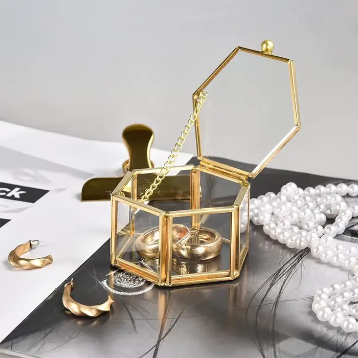 Boîte à bagues hexagonale haut de gamme, boîte d'accessoires en or et bijoux, boîte de rangement de 