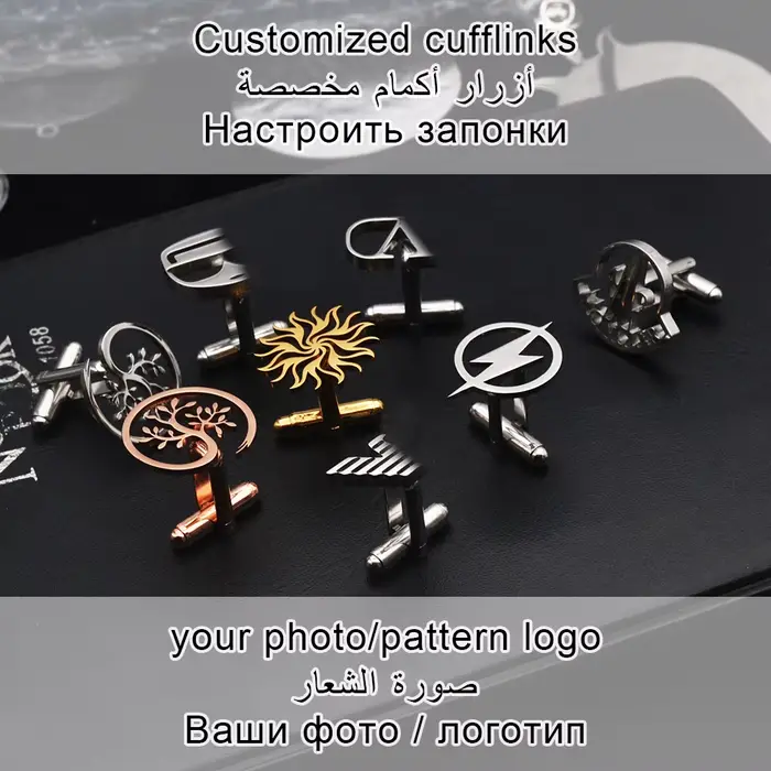 Boutons de manchette personnalisés en acier inoxydable plaqué or argent rhodium imitation gravure lettre occasionnels professionnel semi-formel