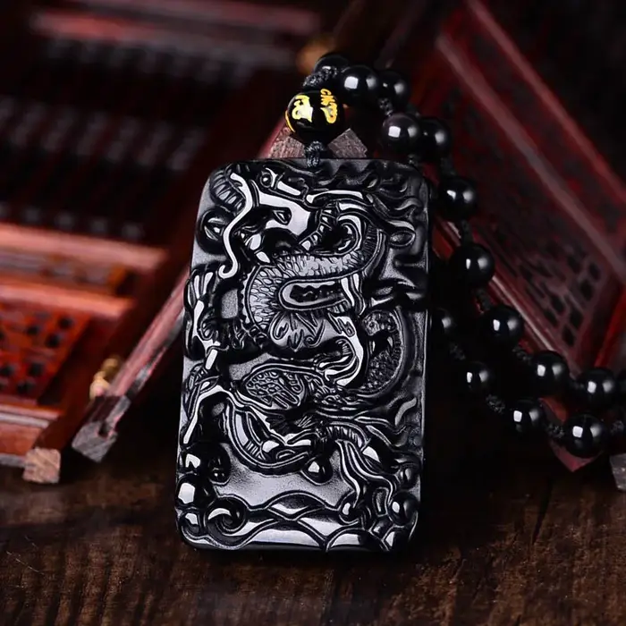 Collier Dragon Antique en obsidienne noire, amulette, pendentif Dragon, bijoux en cristal pour homme