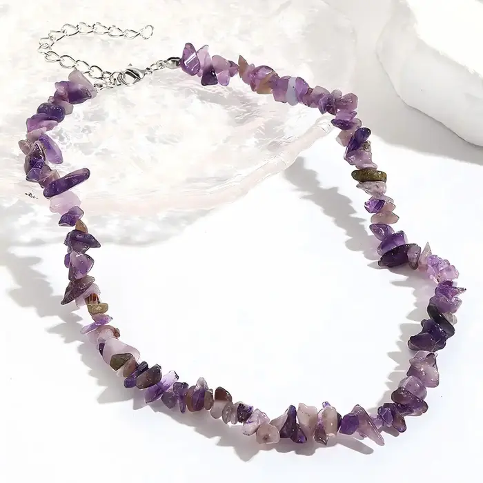 Collier en améthyste, perles de cristal naturel, acier inoxydable, couleur argent, collier ras du co