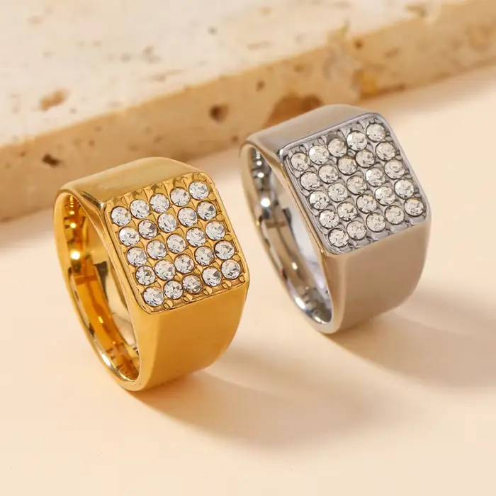 Bague chevalière en zircone cubique brillante pour hommes, 14mm, carrée, en acier inoxydable, gothique, Punk Rock, timbre pour garçon, bijoux