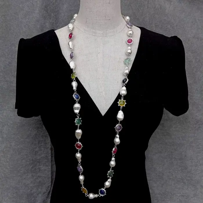YYGEM – collier long multicolore en pierres précieuses, 16mm, améthyste, fluorite, quartz, perles brossées, bijoux de créateur