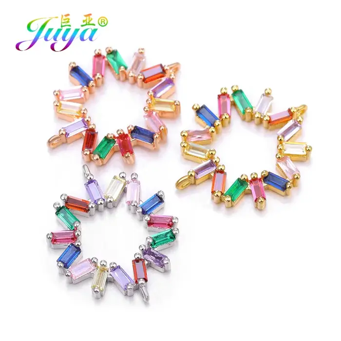 Juya fait à la main 18K plaqué or arc-en-ciel zircone breloques rondes connecteur accessoires pour bricolage luxe Bracelet boucle d'oreille fabrication de bijoux