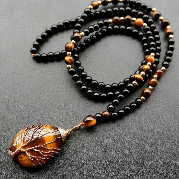 Collier arbre de vie en pierre d'oeil de tigre naturelle pour femmes et hommes, cadeau de bijoux