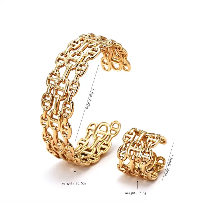 Ensemble de bijoux plaqué or 18 carats avec bracelet jonc ouvert à maillons de chaîne et bague, bijoux de déclaration élégants pour femmes, pour les sorties, les fêtes et les occasions de mariage