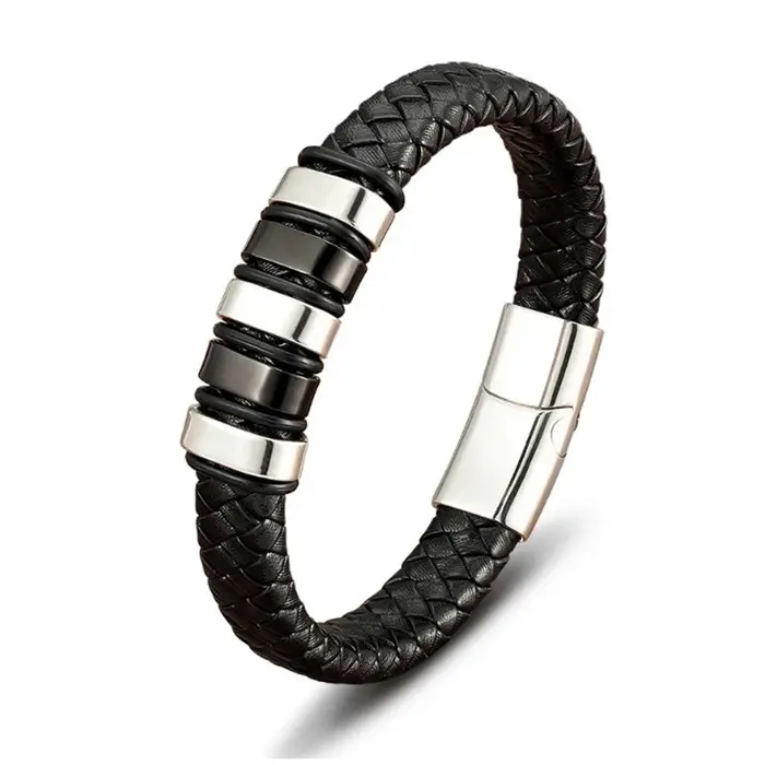 Bracelet pour homme en cuir noir tressé de luxe, acier inoxydable, charme de haute qualité, accessoi