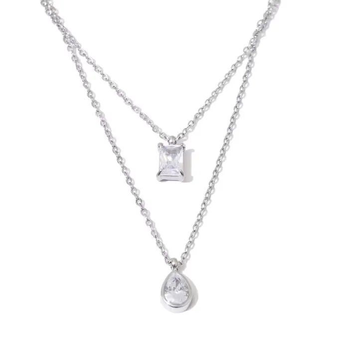 NiNice – collier en acier inoxydable, Double couche, empilé avec pendentif goutte d'eau en zircone c