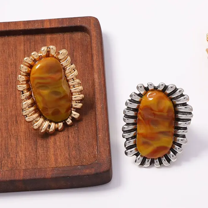 Bague en résine de luxe exquise pour femme, design créatif, motif tournesol géométrique, bague ouverte élégante rétro, accessoires de bijoux de banquet
