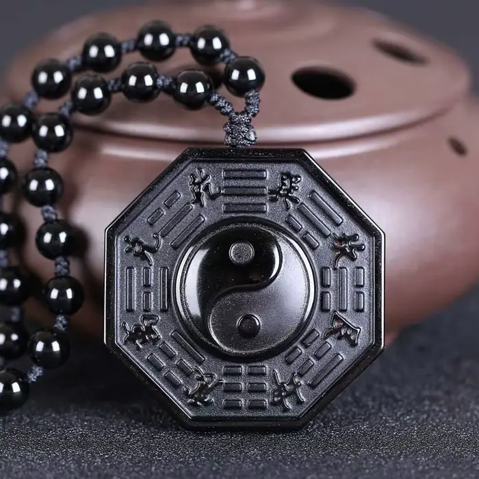 Pendentif en obsidienne noire naturelle Yin et Yang TaiChi Gossip BaGua, collier en cristal pour fem