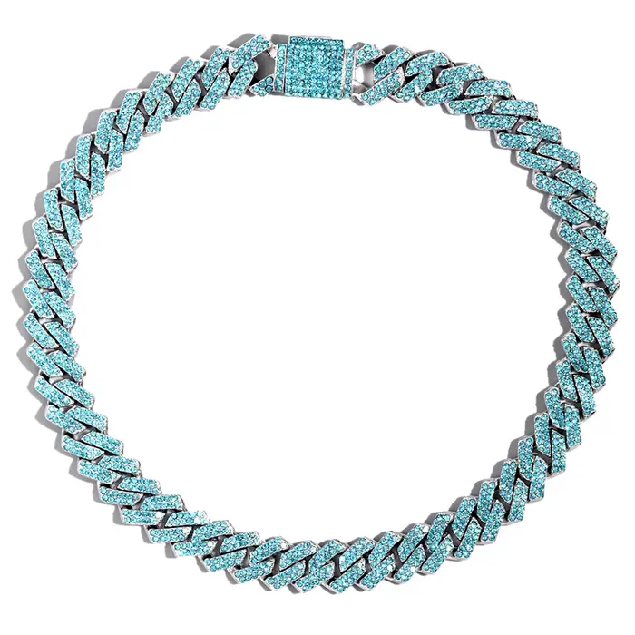 Collier chaîne cubaine pour hommes et femmes, chaîne à maillons sertie de strass bleus, bijoux hip-h