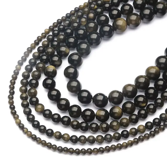 Perles rondes en obsidienne dorée naturelle, pour la fabrication de bijoux, bracelets et colliers DI