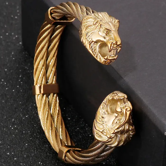 Bracelet manchette ouvert en acier inoxydable couleur or gothique avec tête de loup et de lion pour homme