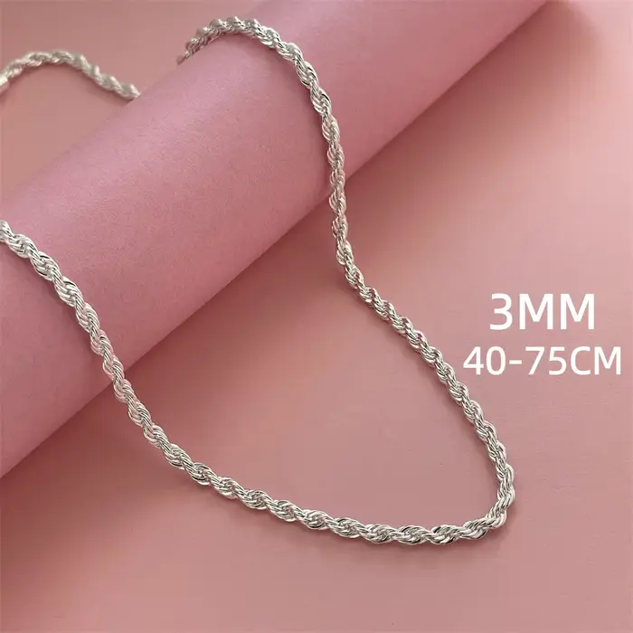 Collier en argent sterling 925, cordon torsadé 3 mm, 40-75 cm, chaîne classique tendance unisexe, cadeau de bijoux pour anniversaire, fête, mariage