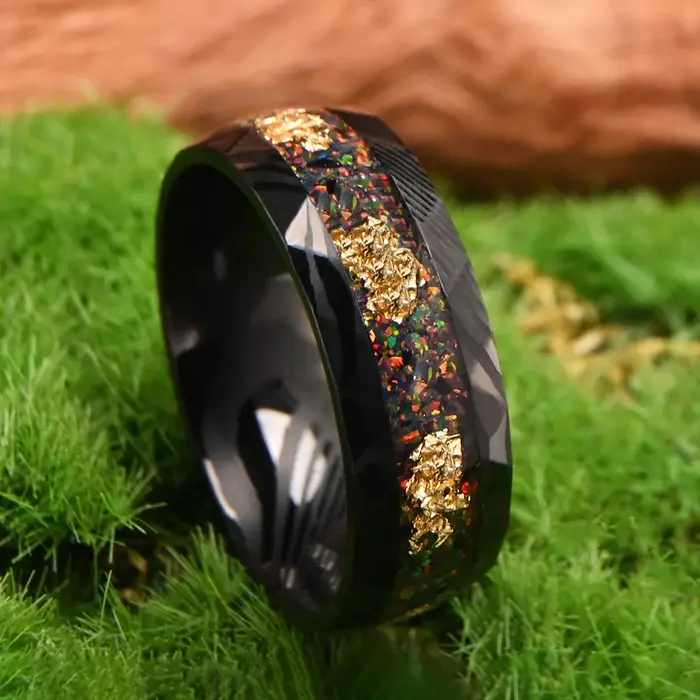 Bague en acier damas sertie d'opale rouge pour homme alliance de mariage punk occasion spéciale