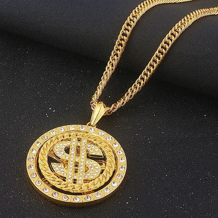 Grand Collier Pendentif Signe d'Argent en Dollar Américain Rotatif pour Homme