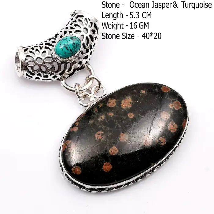 Pendentif en malachite, turquoise, topaze bleue, sodalite, agate, jaspe et onyx noir authentiques El
