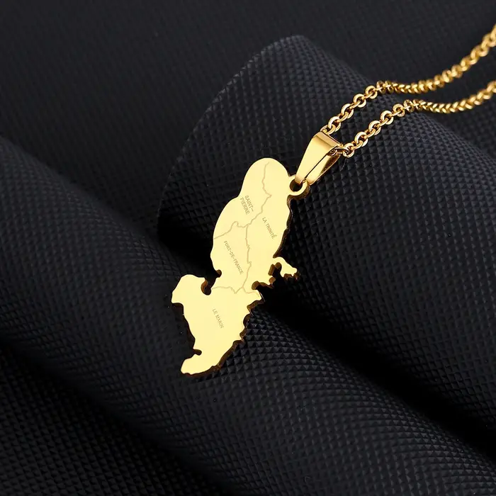 Collier acier inoxydable avec pendentif carte île de Martinique nom de ville bijou couple patriotique moderne or jaune clair