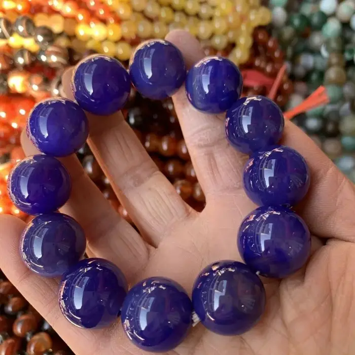 Bracelet de perles rondes en agate bleue de mer naturelle