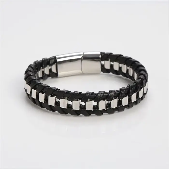 Bracelet tressé en acier inoxydable et cuir tissé à la main pour hommes, classique, bijoux cadeau