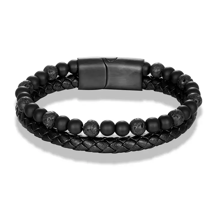 Bracelet tressé en cuir véritable pour hommes, fermoir magnétique en acier inoxydable noir, perles d