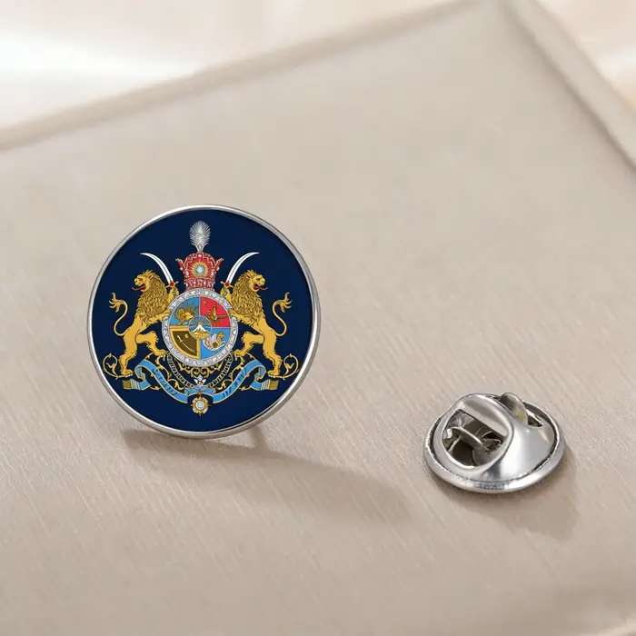 Broche personnalisée avec emblème de l'Empire iranien imprimé en couleur, motifs personnalisables, bijou unisexe pour occasions formelles et quotidiennes