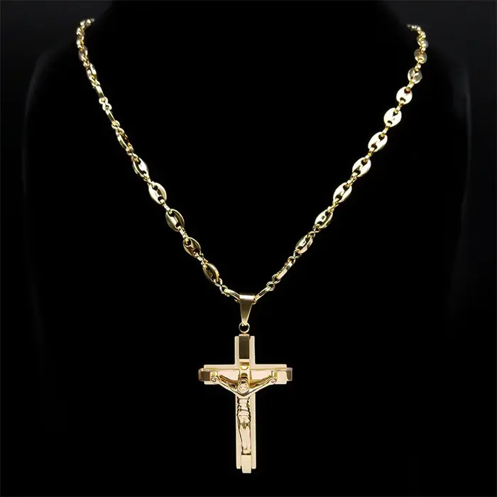 Collier crucifix de Jésus pour hommes en acier inoxydable couleur or chaîne de grains de café bijou croix chrétienne pour occasions spéciales
