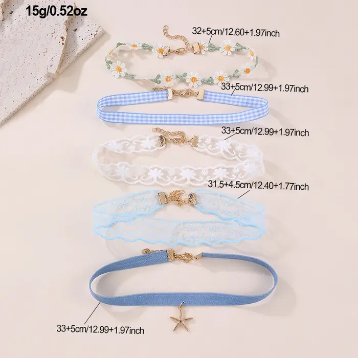 Lot de 5 colliers ras du cou en dentelle et à motifs floraux – Collier à nœud en ruban doux pour un look sophistiqué.